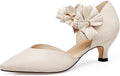 Women's Kitten Heel Pumps - Low Slip On Dress Shoes with a Flower Detail in Suede and Satin for Parties - 6