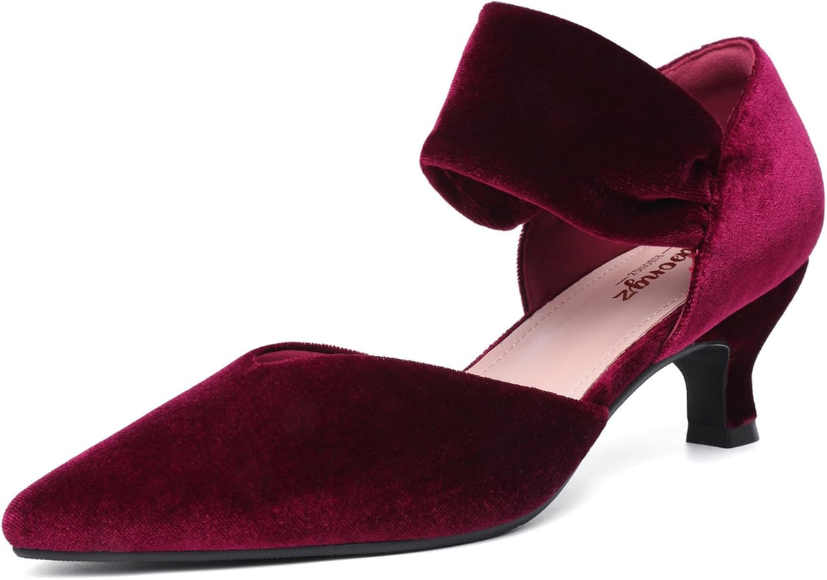 Women's Pointed Toe Kitten Heel Pumps - Low Slip On Heels in Suede and Gold Finishes for Bridal Parties - 9