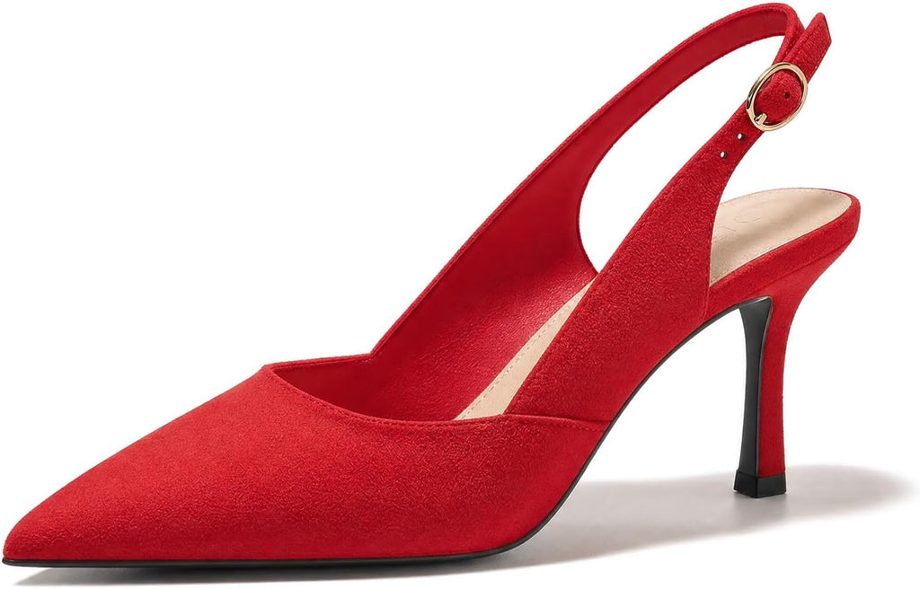 Women's Slingback Kitten Heel Pumps - Pointed Closed Toe Dress Shoes with an Adjustable Buckle for Weddings - 6