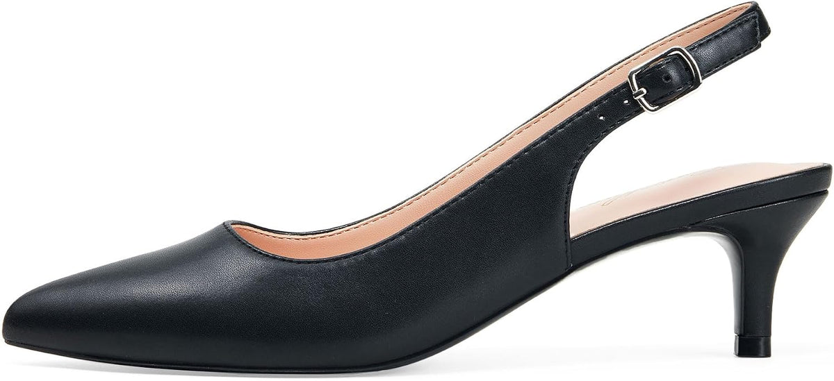 Women's Slingback Kitten Heel Pumps - 2 Inch Pointed Toe Heels with an Adjustable Strap for Office Days - 6