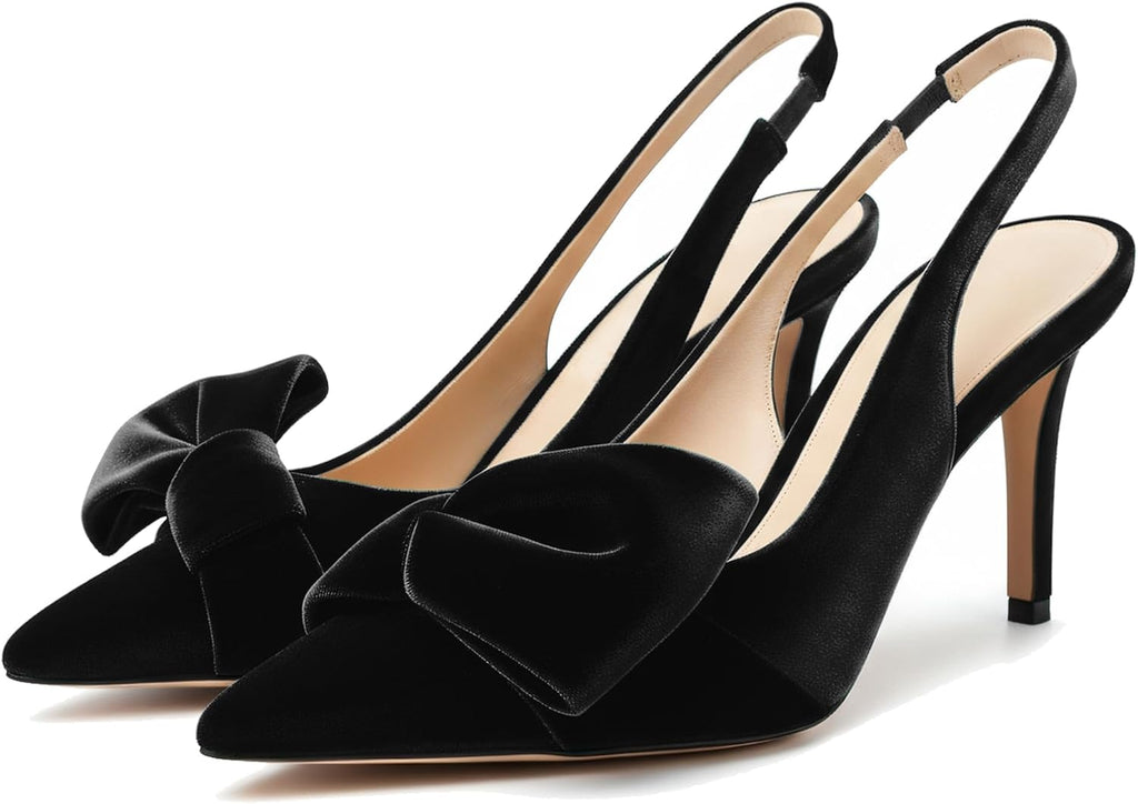 Women's Bow Detail Slingback Pumps - 3.3 Inch Stiletto Heels with an Elastic Strap for Formal Evenings - 6
