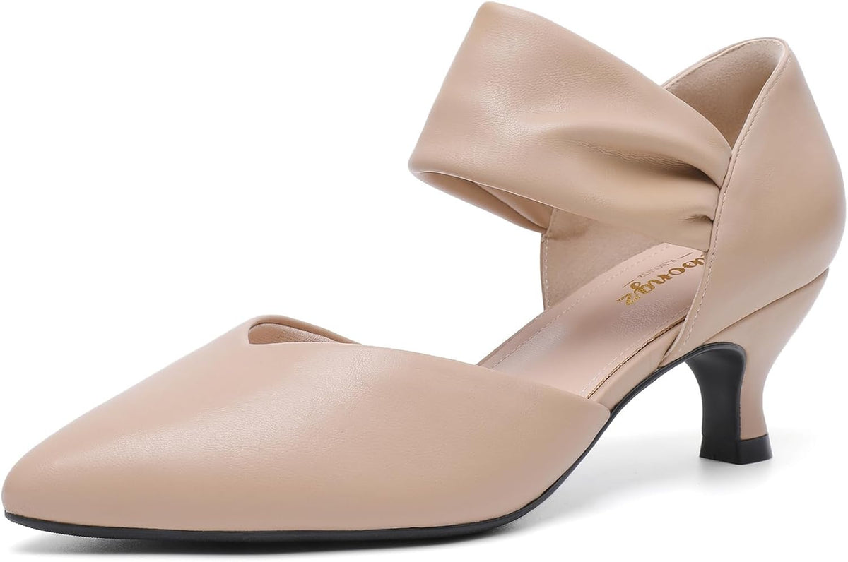 Women's Pointed Toe Kitten Heel Pumps - Low Slip On Heels in Suede and Gold Finishes for Bridal Parties - 6