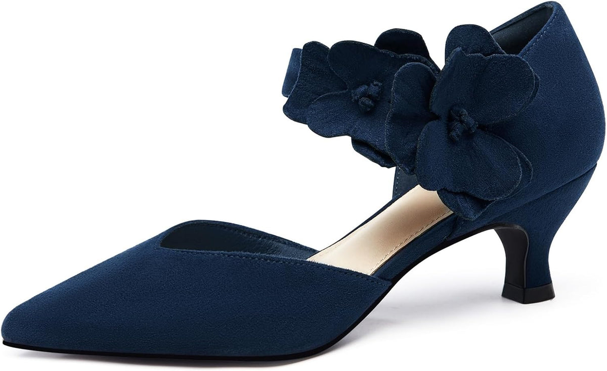 Women's Kitten Heel Pumps - Low Slip On Dress Shoes with a Flower Detail in Suede and Satin for Parties - 7