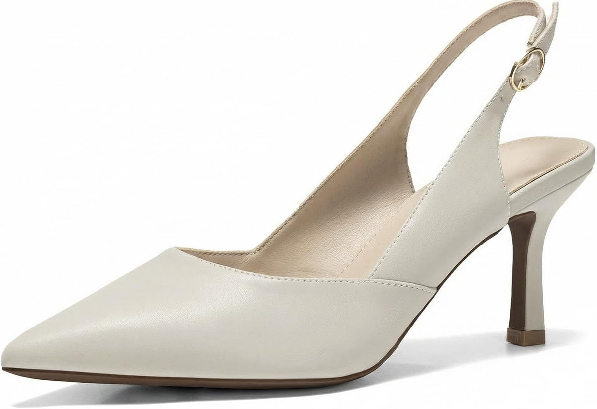 Women's Slingback Kitten Heel Pumps - Pointed Closed Toe Dress Shoes with an Adjustable Buckle for Weddings - 6