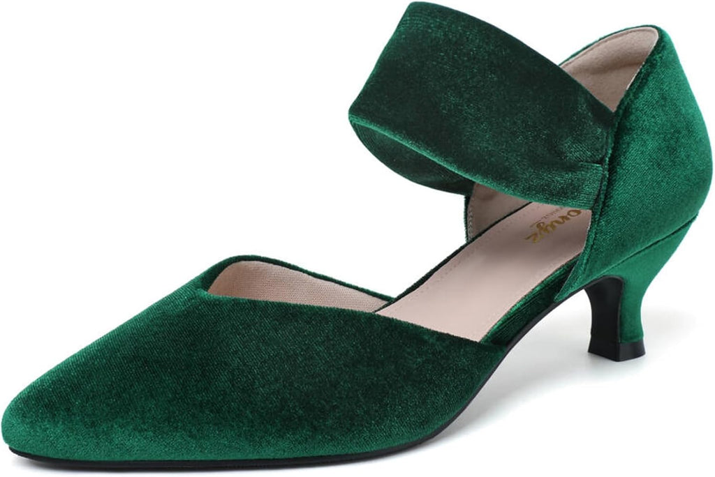 Women's Pointed Toe Kitten Heel Pumps - Low Slip On Heels in Suede and Gold Finishes for Bridal Parties - 7