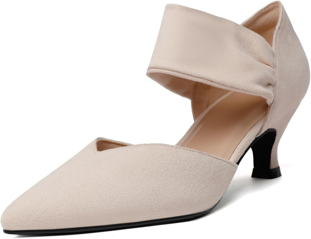 Women's Pointed Toe Kitten Heel Pumps - Low Slip On Heels in Suede and Gold Finishes for Bridal Parties - 7