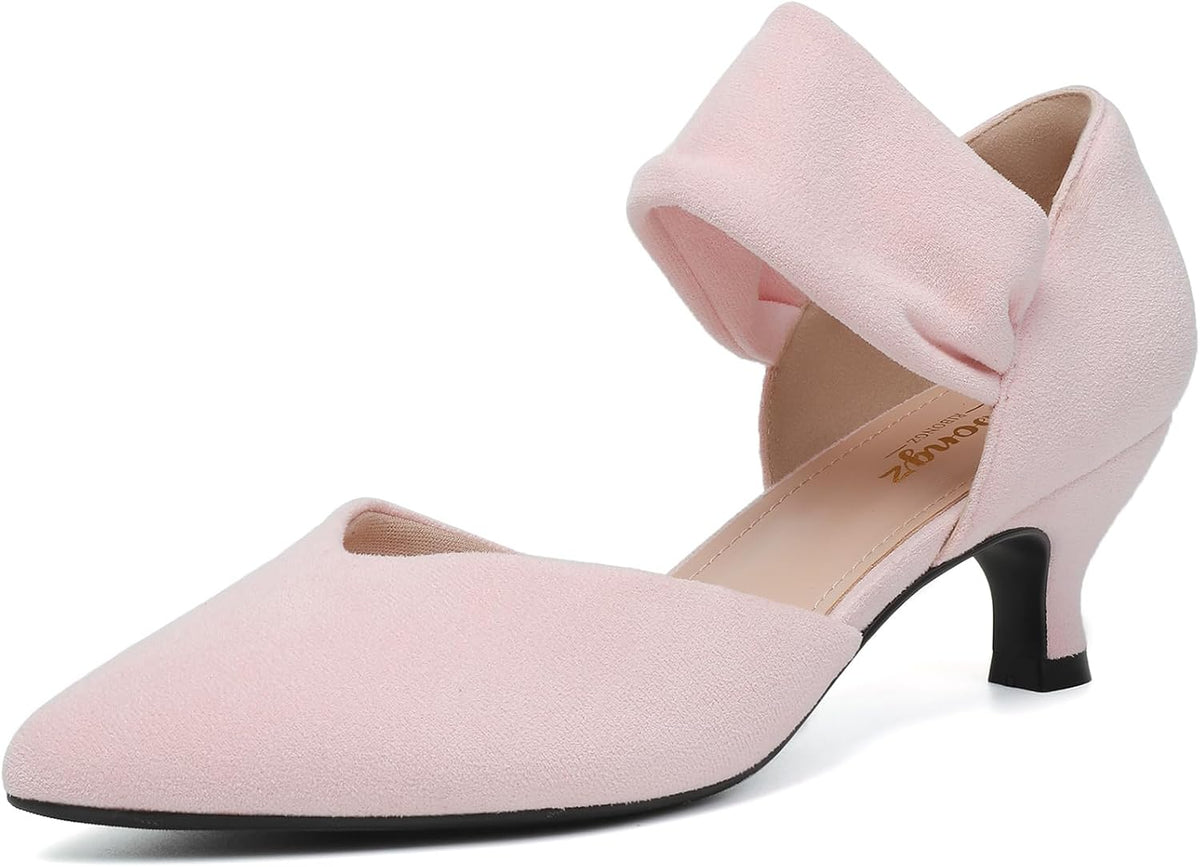 Women's Pointed Toe Kitten Heel Pumps - Low Slip On Heels in Suede and Gold Finishes for Bridal Parties - 6