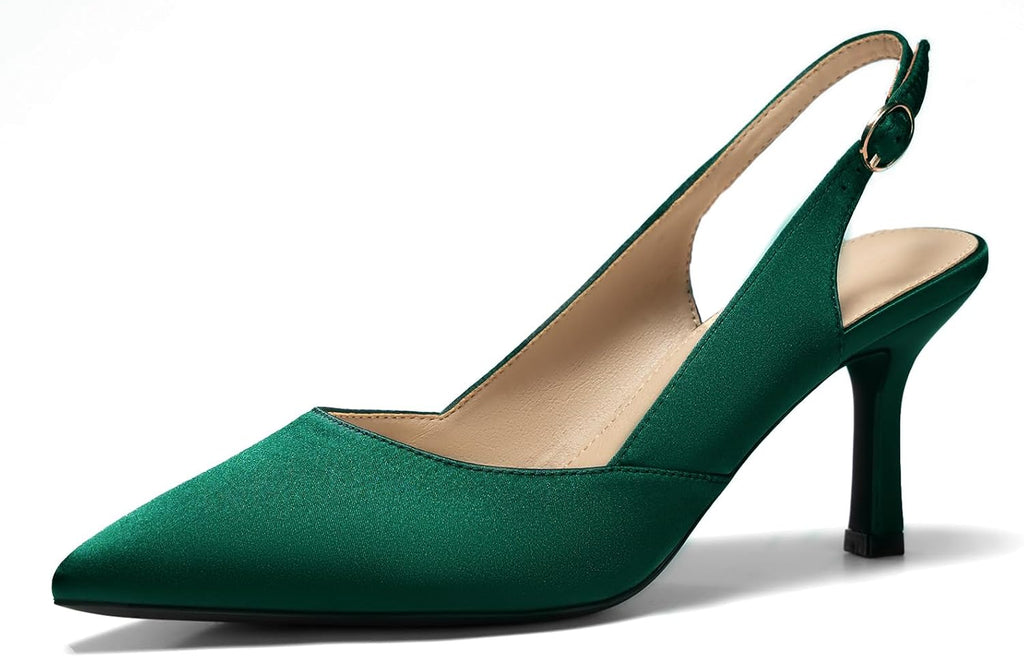 Women's Slingback Kitten Heel Pumps - Pointed Closed Toe Dress Shoes with an Adjustable Buckle for Weddings - 7