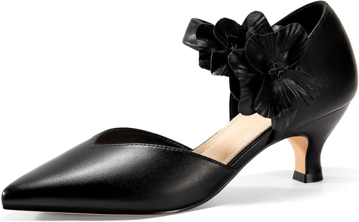 Women's Kitten Heel Pumps - Low Slip On Dress Shoes with a Flower Detail in Suede and Satin for Parties - 6