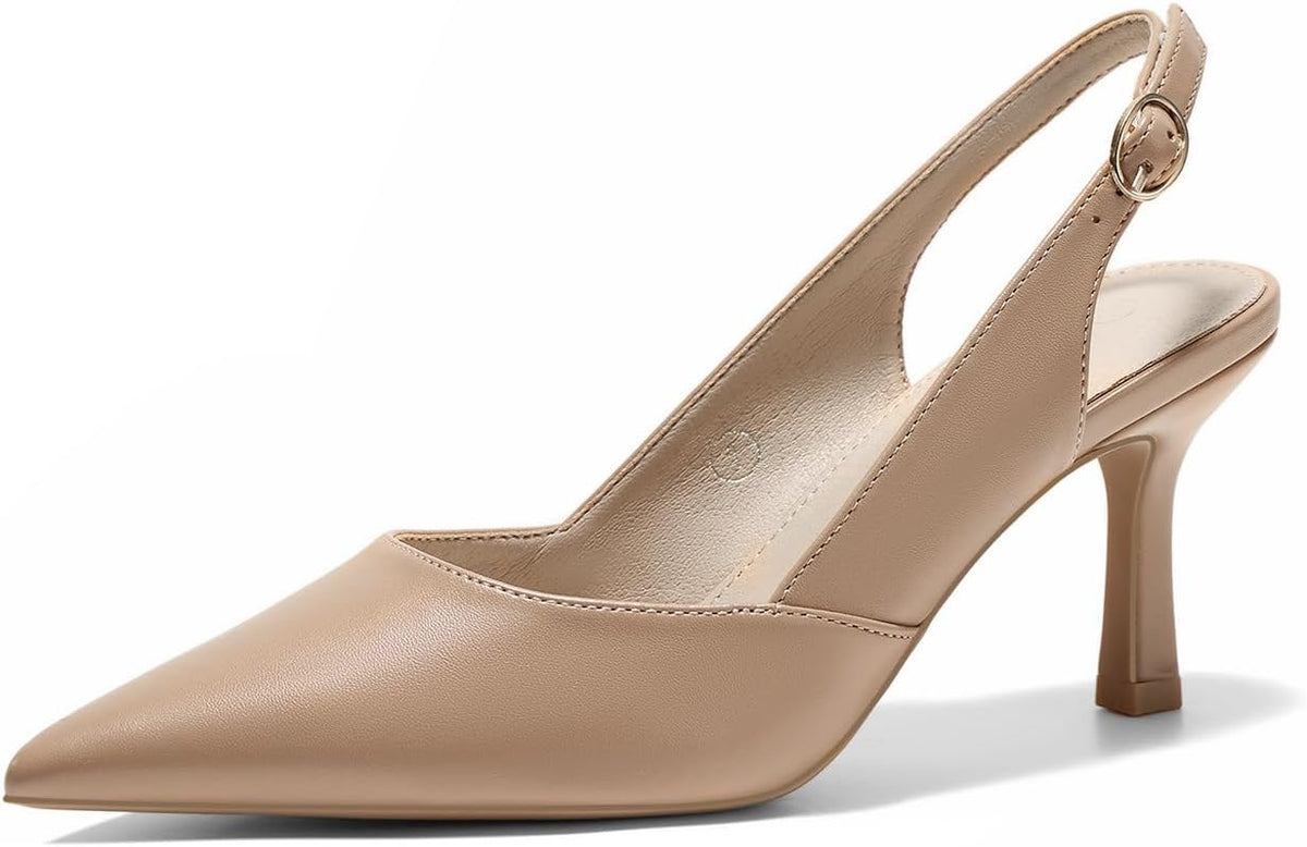 Women's Slingback Kitten Heel Pumps - Pointed Closed Toe Dress Shoes with an Adjustable Buckle for Weddings - 6