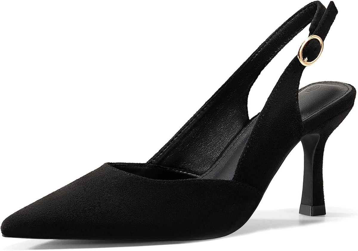 Women's Slingback Kitten Heel Pumps - Closed Pointed Toe Backless Dress Shoes in Suede and Knit for Weddings - Black Sue