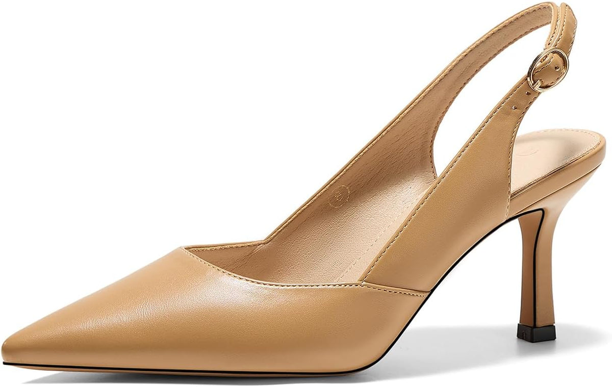 Women's Slingback Kitten Heel Pumps - Pointed Closed Toe Dress Shoes with an Adjustable Buckle for Weddings - 7