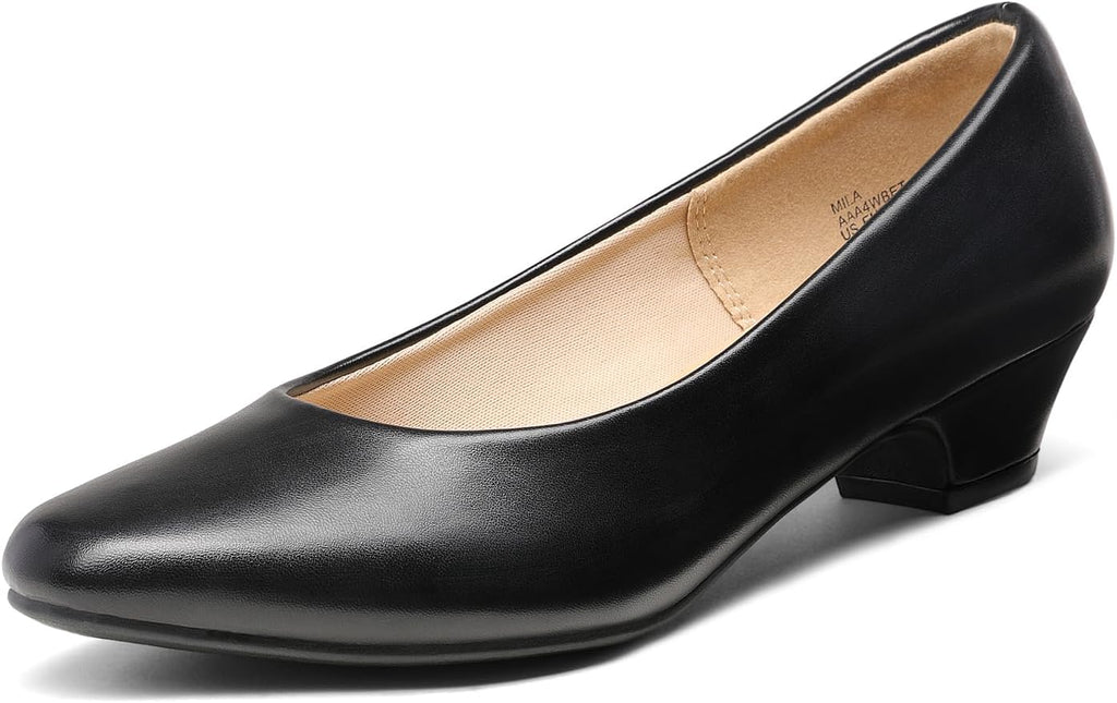 Women's Round Toe Block Heel Pumps - 1.5 Inch Low Heel Dress Shoes in Patent, Suede and Glitter for the Office - 9