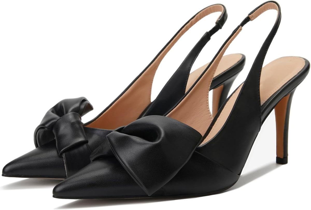 Women's Bow Detail Slingback Pumps - 3.3 Inch Stiletto Heels with an Elastic Strap for Formal Evenings - 6