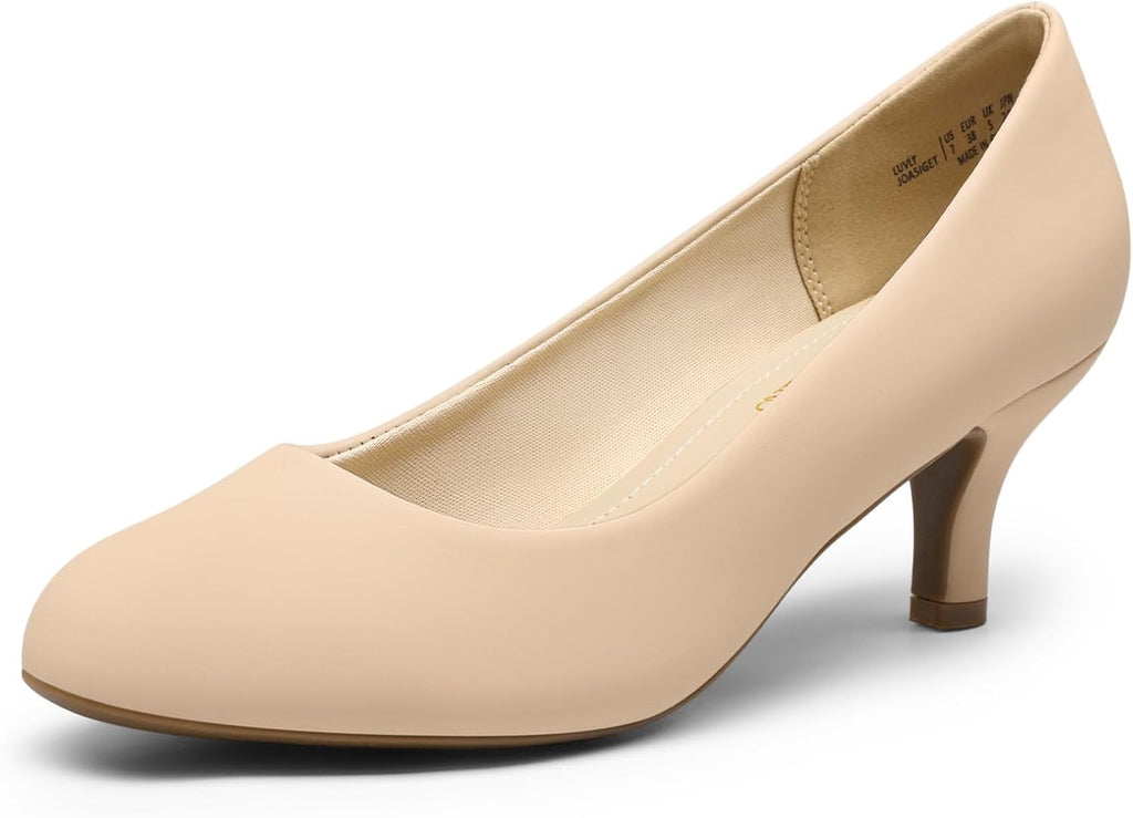Women's Round Toe Kitten Heel Pumps - 2.5 Inch Heel, Slip On Fit and Cushioned Latex Insole for Office Wear - 9