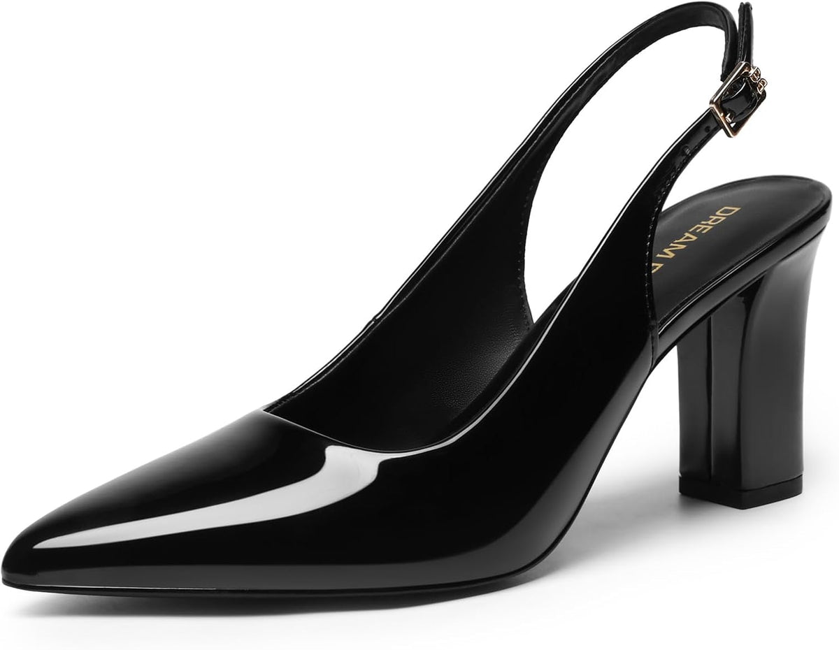 Women's Slingback Block Heel Pumps - High Chunky Heel Pointed Toe Work Shoes in Patent and Nude Finishes - 6