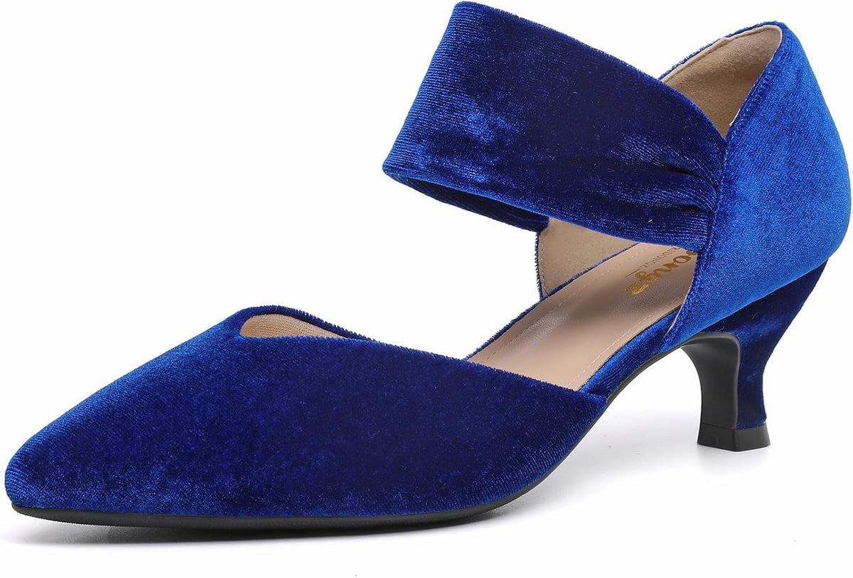 Women's Pointed Toe Kitten Heel Pumps - Low Slip On Heels in Suede and Gold Finishes for Bridal Parties - 7