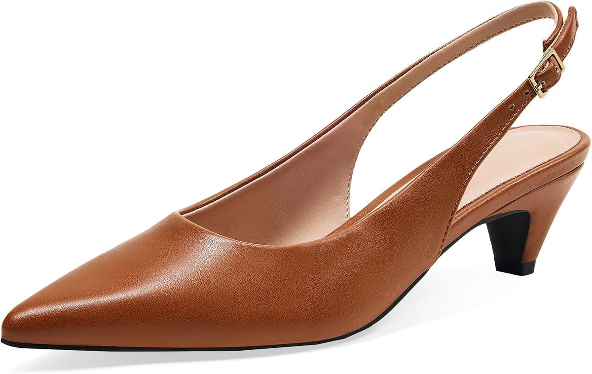 Women's Slingback Kitten Heel Pumps - 2 Inch Pointed Toe Heels with an Adjustable Strap for Office Days - 8