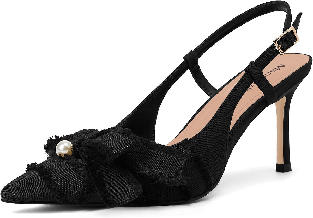 Women's Bow Detail Slingback Pumps - 3.3 Inch Stiletto Heels with an Elastic Strap for Formal Evenings - 7