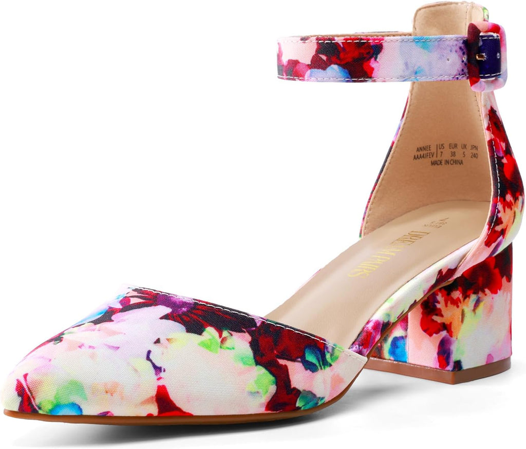 Women's Pointed Toe Block Heel Pumps - Low Chunky Heel with Ankle Strap in Glitter and Suede for the Office - 9