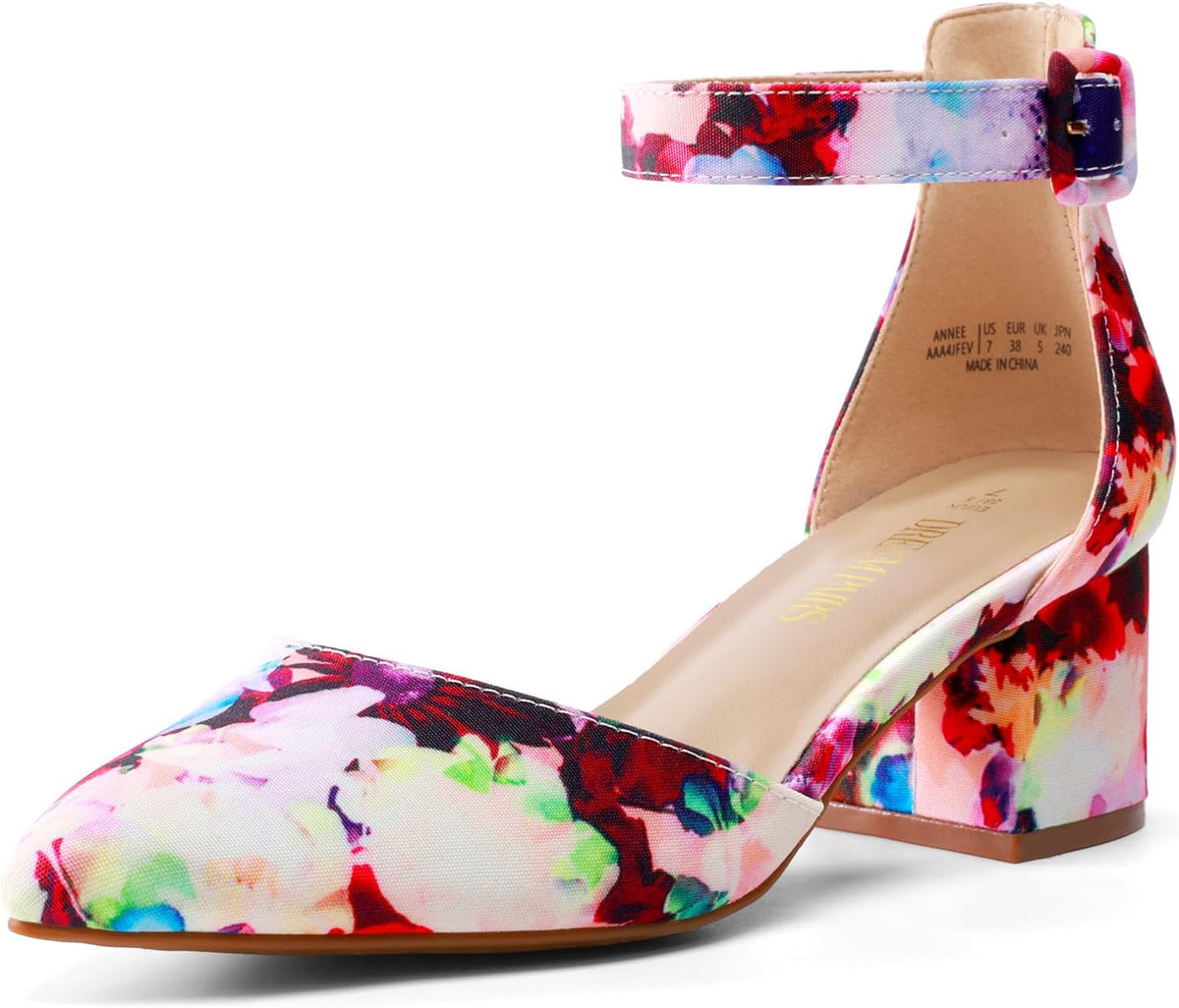 Women's Pointed Toe Block Heel Pumps - Low Chunky Heel with Ankle Strap in Glitter and Suede for the Office - 9