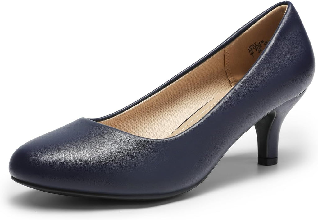 Women's Round Toe Kitten Heel Pumps - 2.5 Inch Heel, Slip On Fit and Cushioned Latex Insole for Office Wear - 10 Wide