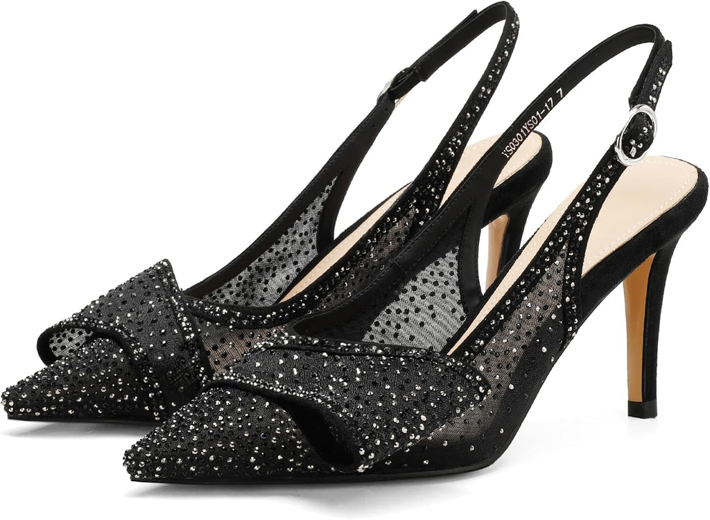 Women's Bow Detail Slingback Pumps - 3.3 Inch Stiletto Heels with an Elastic Strap for Formal Evenings - 7