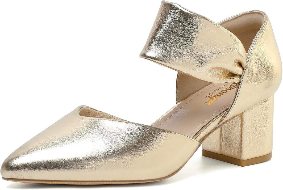 Women's Pointed Toe Kitten Heel Pumps - Low Slip On Heels in Suede and Gold Finishes for Bridal Parties - 6