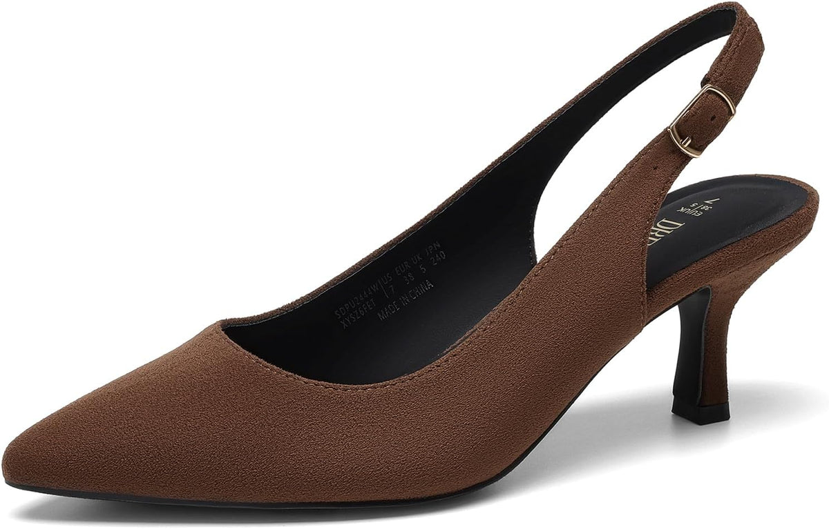 Women's Slingback Kitten Heel Pumps - Closed Pointed Toe Low Heels in Suede and Glitter for Weddings - 7