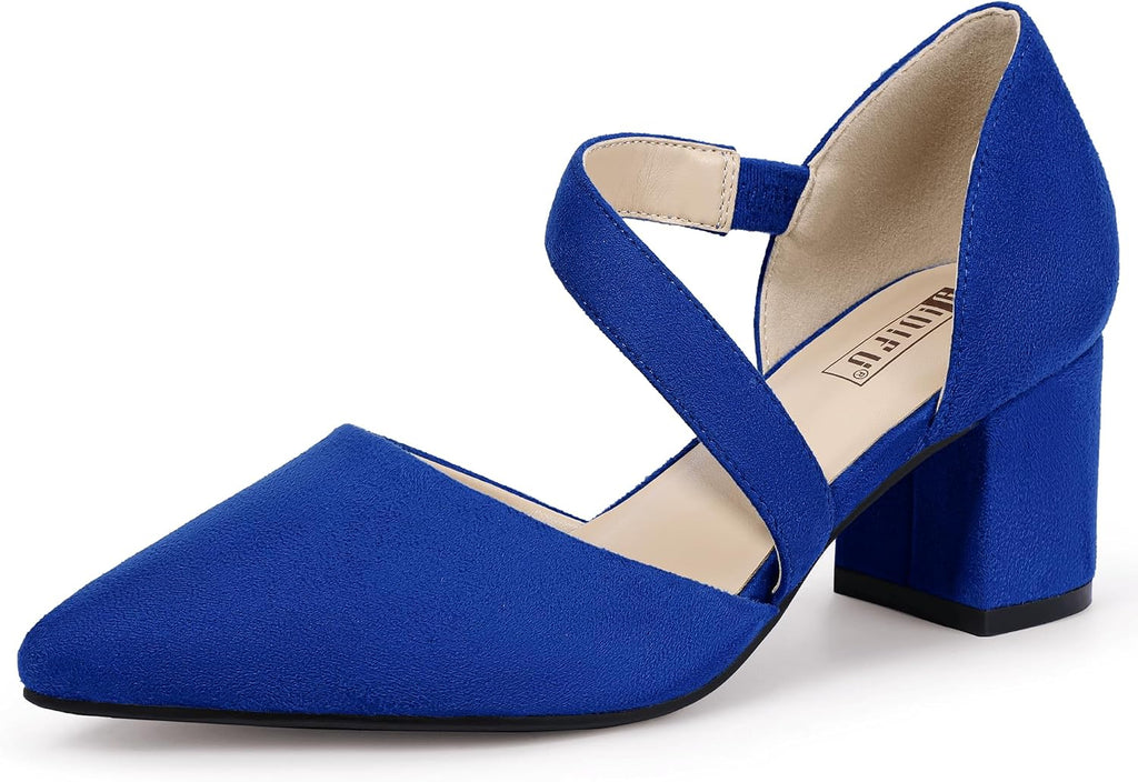 Women's Pointed Toe Block Heel Pumps - 2 Inch Low Chunky Heels with Straps in Suede and Glitter for Proms - 10