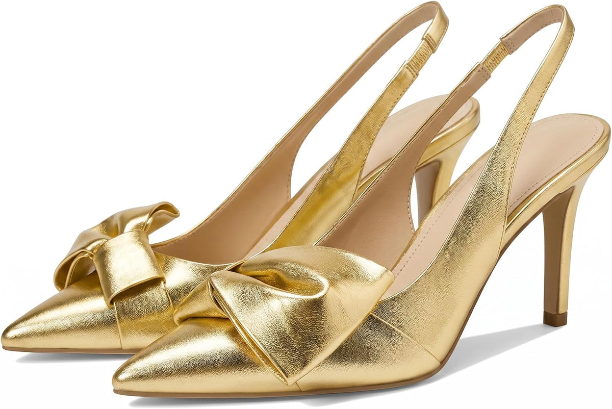 Women's Bow Detail Slingback Pumps - 3.3 Inch Stiletto Heels with an Elastic Strap for Formal Evenings - 6