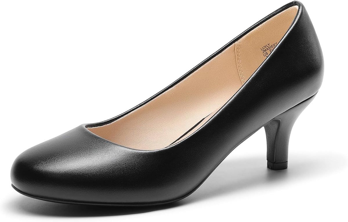 Women's Round Toe Kitten Heel Pumps - 2.5 Inch Heel, Slip On Fit and Cushioned Latex Insole for Office Wear - 10