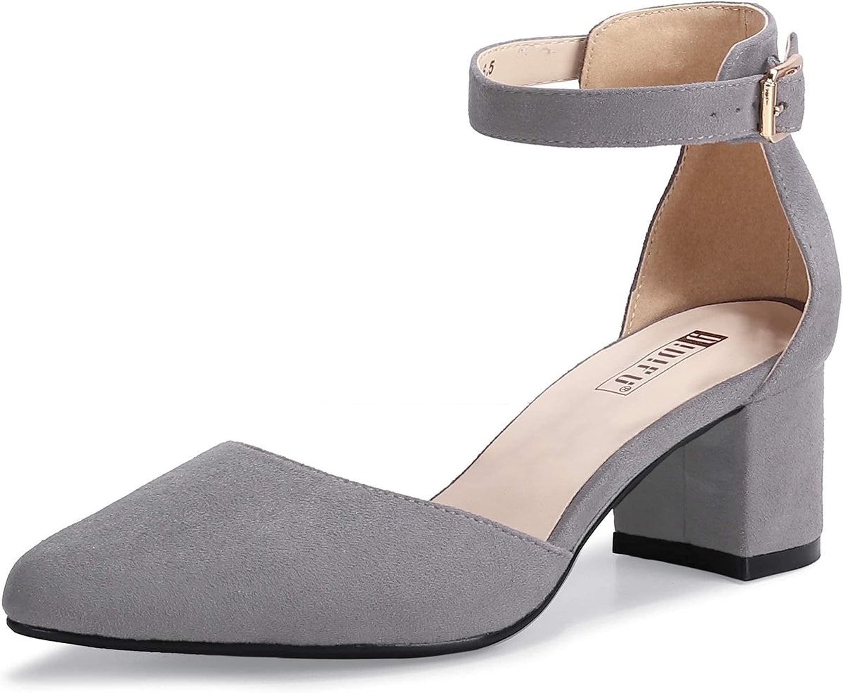 Women's Low Block Heel Pumps - Chunky Closed Toe Heels with Ankle Strap in Suede and Glitter for Weddings - 6