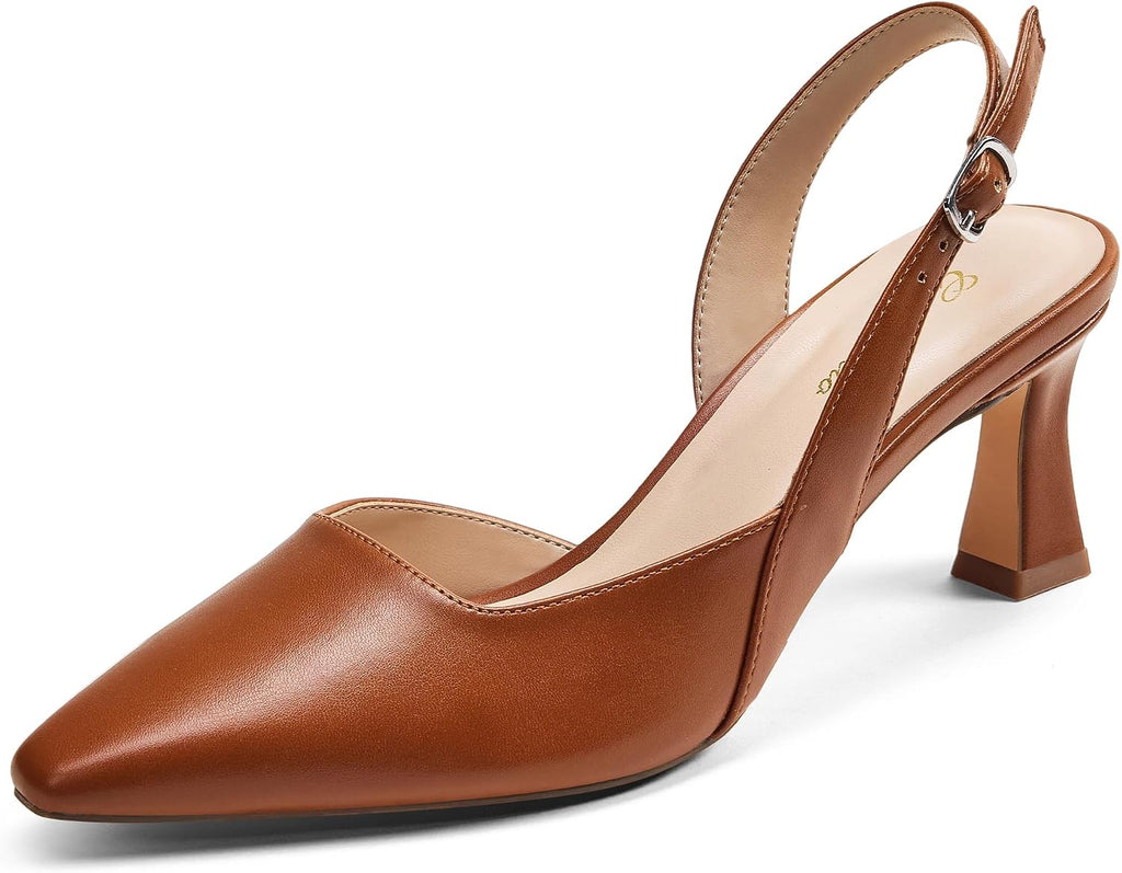 Women's Slingback Kitten Heel Pumps - 2 Inch Pointed Toe Heels with an Adjustable Strap for Office Days - 9