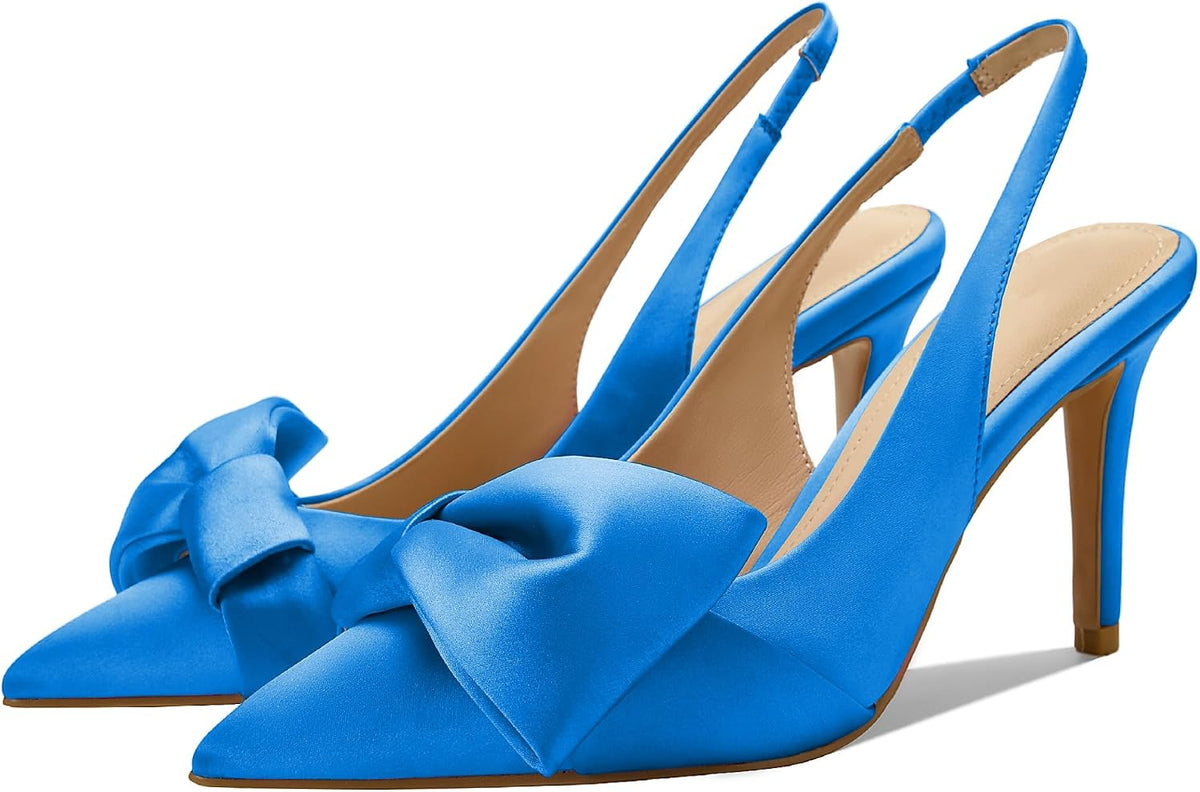 Women's Bow Detail Slingback Pumps - 3.3 Inch Stiletto Heels with an Elastic Strap for Formal Evenings - 7