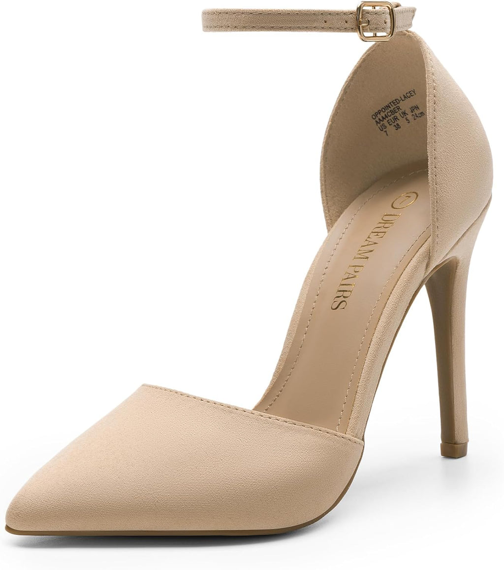 Women's Pointed Toe Stiletto Pumps - High Heel Dress Shoes with Ankle Strap in Glitter and Suede for Dancing - 10