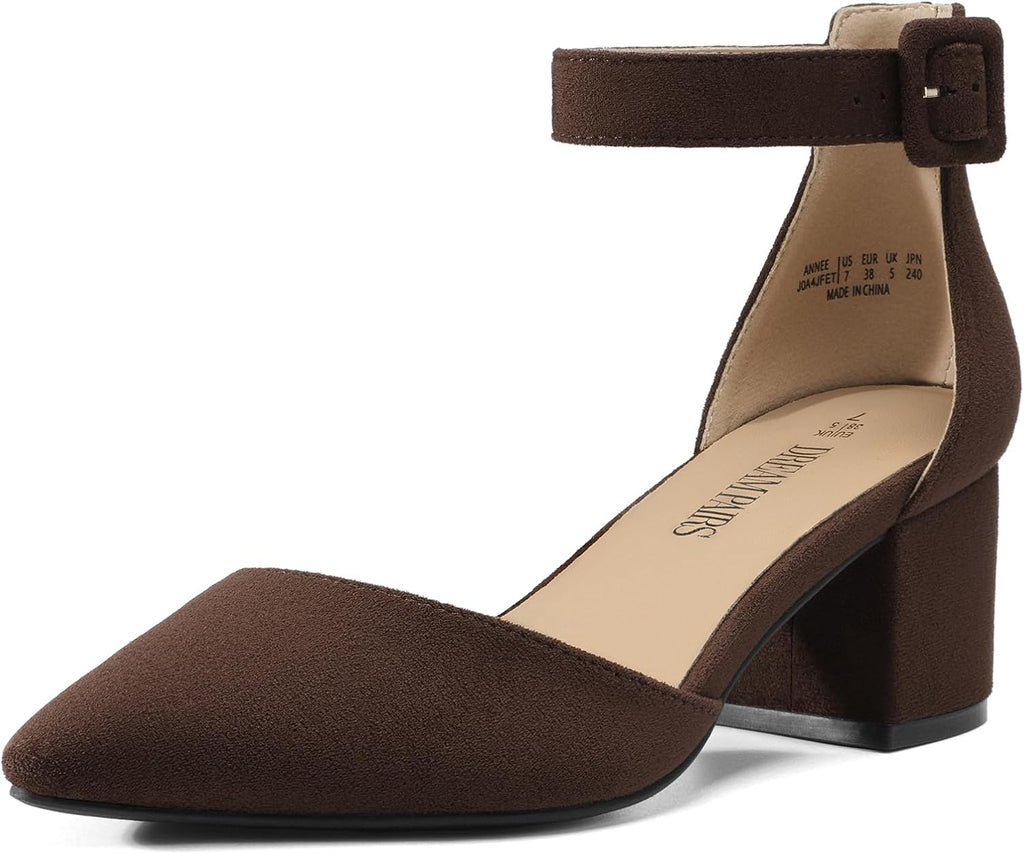 Women's Pointed Toe Block Heel Pumps - Low Chunky Heel with Ankle Strap in Glitter and Suede for the Office - 9