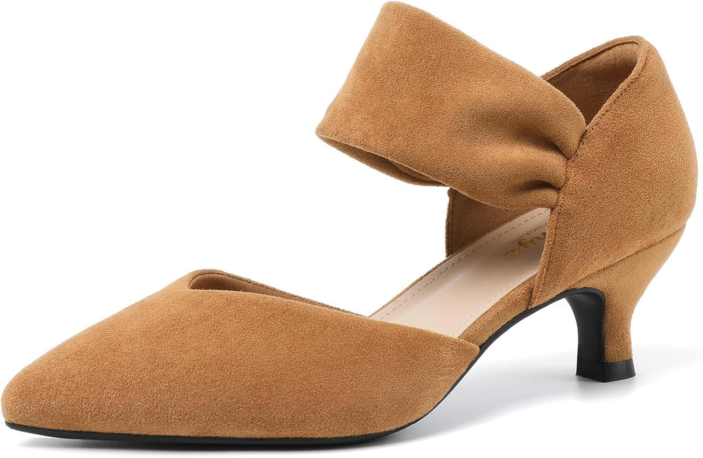 Women's Pointed Toe Kitten Heel Pumps - Low Slip On Heels in Suede and Gold Finishes for Bridal Parties - 8