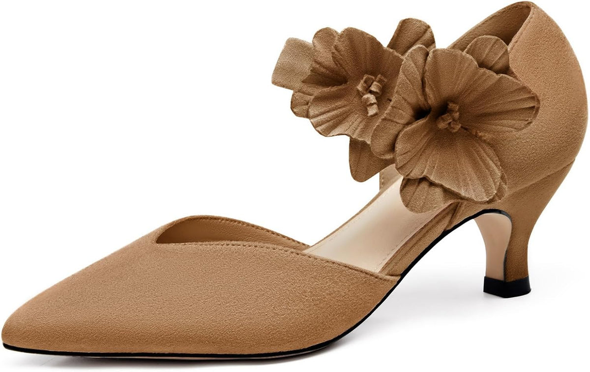 Women's Kitten Heel Pumps - Low Slip On Dress Shoes with a Flower Detail in Suede and Satin for Parties - 6