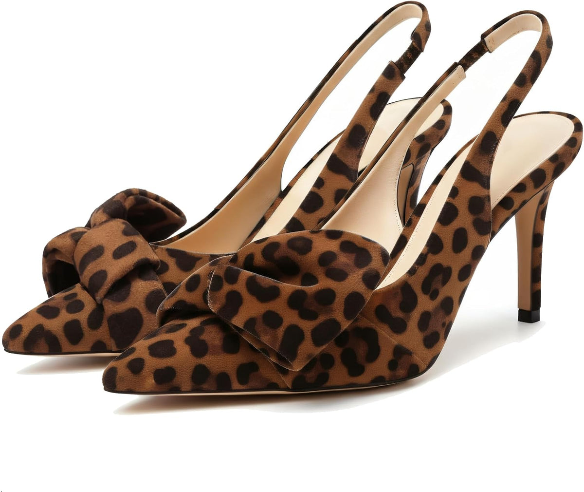 Women's Bow Detail Slingback Pumps - 3.3 Inch Stiletto Heels with an Elastic Strap for Formal Evenings - 7