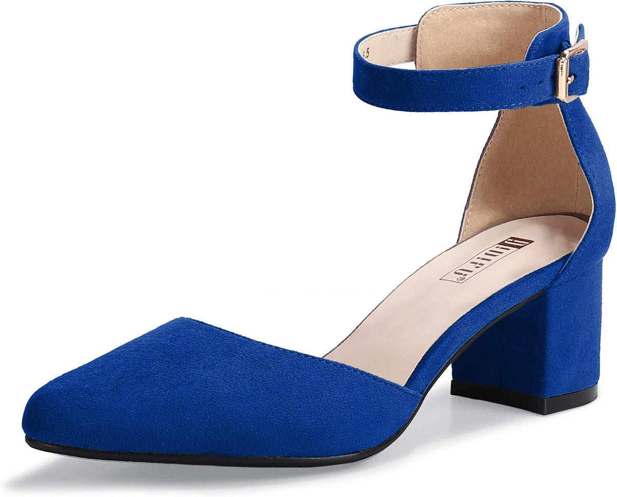 Women's Low Block Heel Pumps - Chunky Closed Toe Heels with Ankle Strap in Suede and Glitter for Weddings - 10