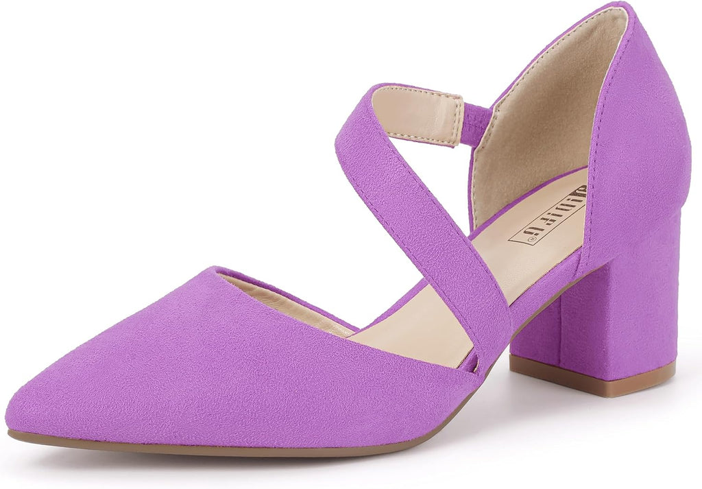 Women's Pointed Toe Block Heel Pumps - 2 Inch Low Chunky Heels with Straps in Suede and Glitter for Proms - 10