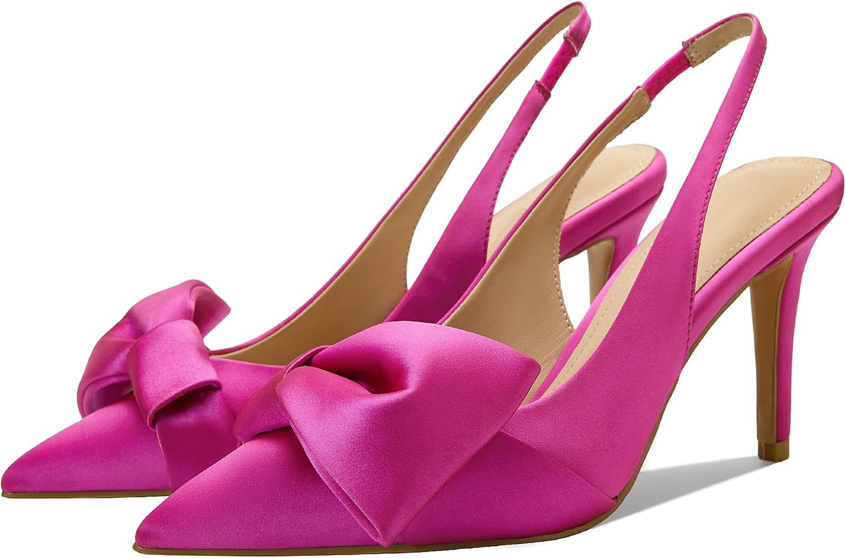 Women's Bow Detail Slingback Pumps - 3.3 Inch Stiletto Heels with an Elastic Strap for Formal Evenings - 8