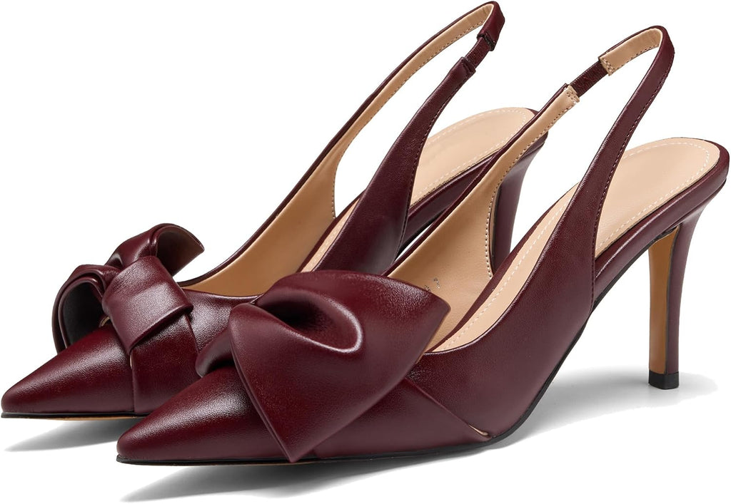 Women's Bow Detail Slingback Pumps - 3.3 Inch Stiletto Heels with an Elastic Strap for Formal Evenings - 8