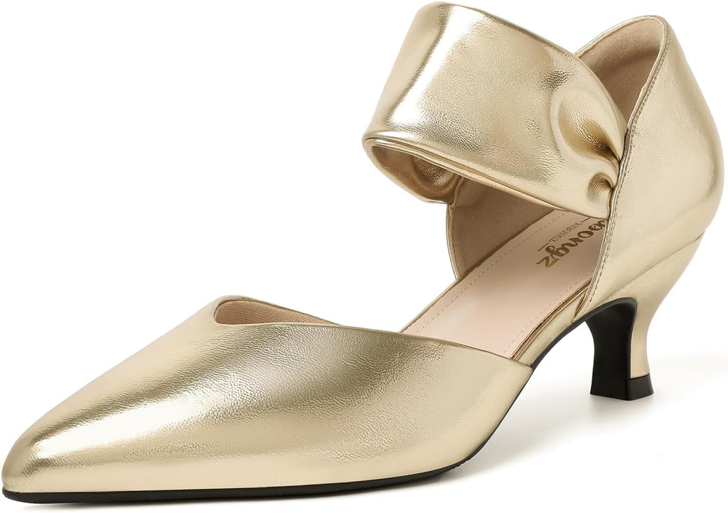 Women's Pointed Toe Kitten Heel Pumps - Low Slip On Heels in Suede and Gold Finishes for Bridal Parties - 8