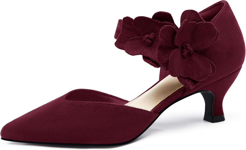 Women's Kitten Heel Pumps - Low Slip On Dress Shoes with a Flower Detail in Suede and Satin for Parties - 6