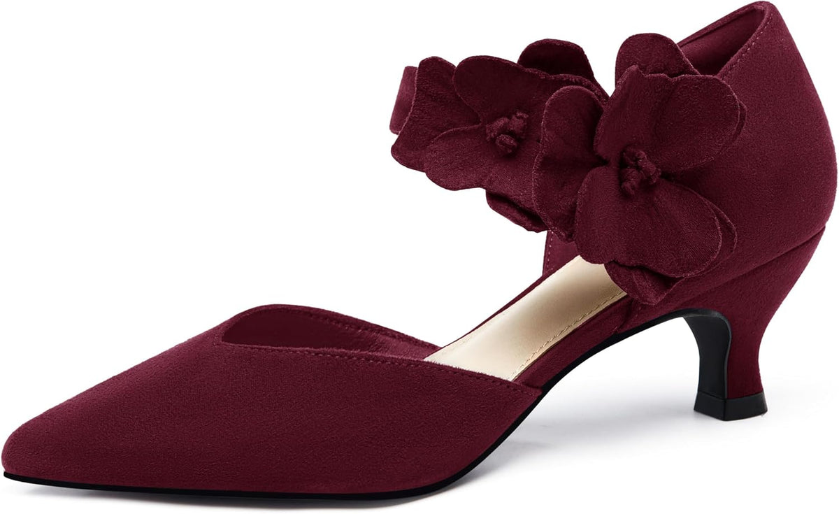 Women's Kitten Heel Pumps - Low Slip On Dress Shoes with a Flower Detail in Suede and Satin for Parties - 6