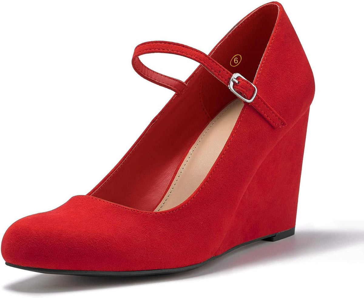 Women's Mary Jane Wedge Pumps - Closed Toe Wedge Heels with an Ankle Strap in Leopard, Khaki and Navy - 6