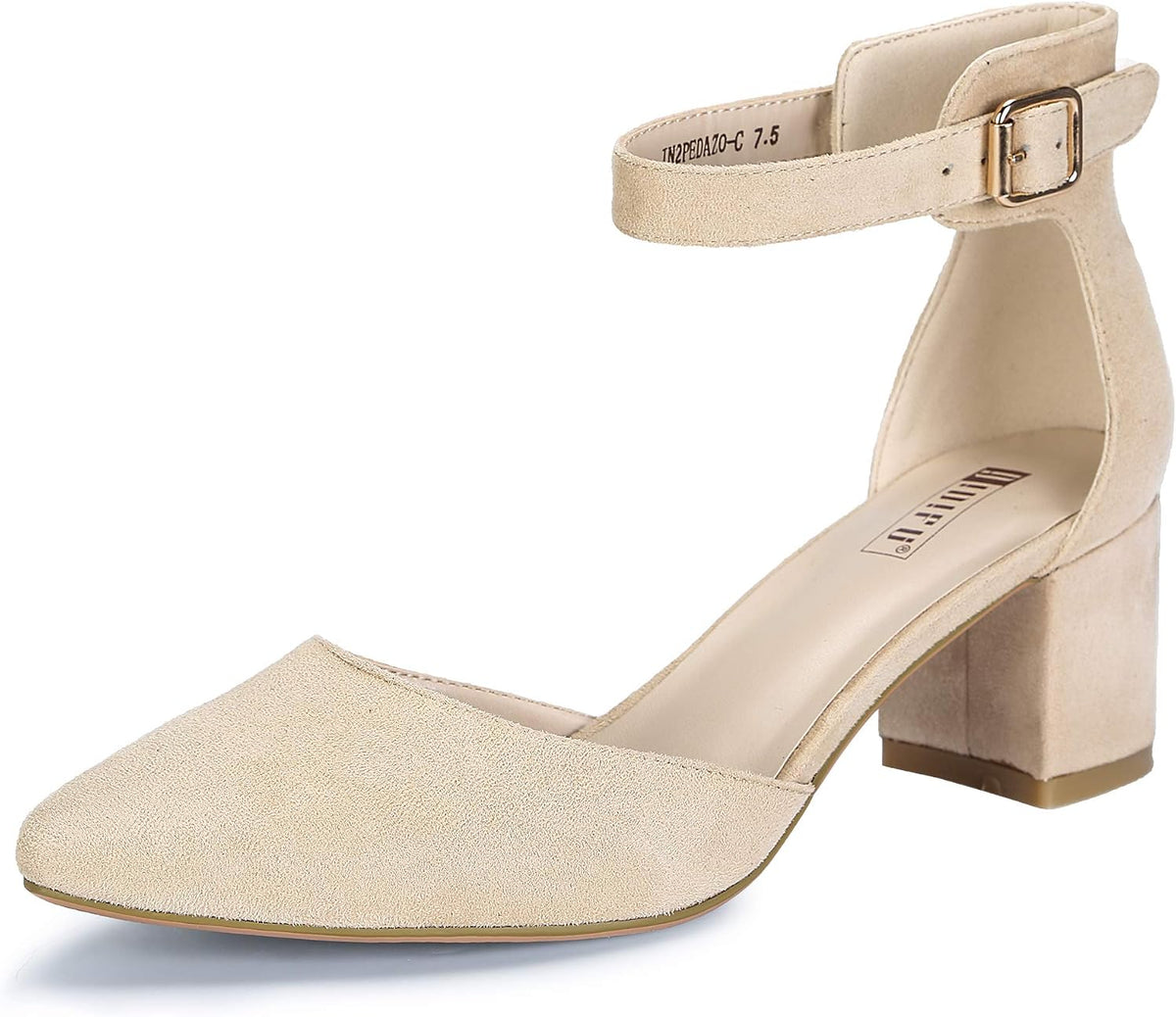 Women's Low Block Heel Pumps - Chunky Closed Toe Heels with Ankle Strap in Suede and Glitter for Weddings - 6
