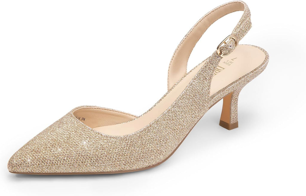 Women's Slingback Kitten Heel Pumps - Closed Pointed Toe Low Heels in Suede and Glitter for Weddings - 6